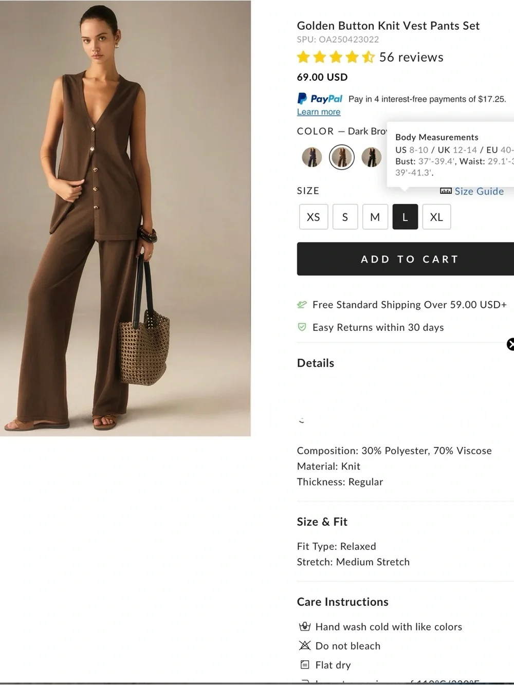 Commense  Golden Button Knit Vest Pants Set Brown Large - Picture 2 of 6